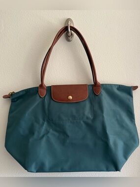 Longchamp Teal Nylon Tote with Brown Leather Trim, LE PLIAGE ORIGINAL M TOTE BAG